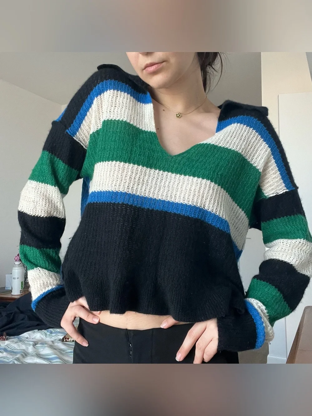 FREE PEOPLE Striped V-Neck Sweater in Black, Green & Blue - Picture 1 of 4